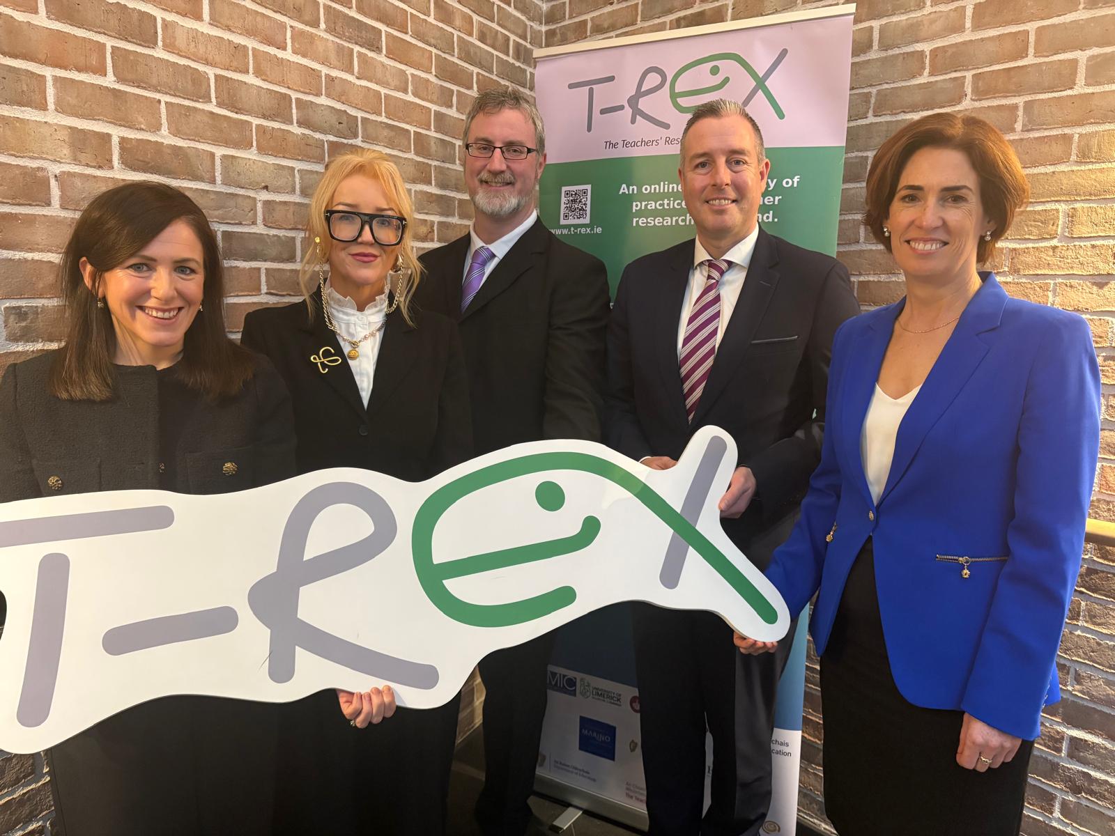 Marie Ryan, T-Rex Project Lead; Dr Karen Orr, T-REX Shared Island Initiative North-South Director; Dr Marek McGann, T-REX Project Lead; Northern Ireland Minister for Education Paul Givan MLA; and Minister for Education and Youth, Hildegarde Naughton TD.