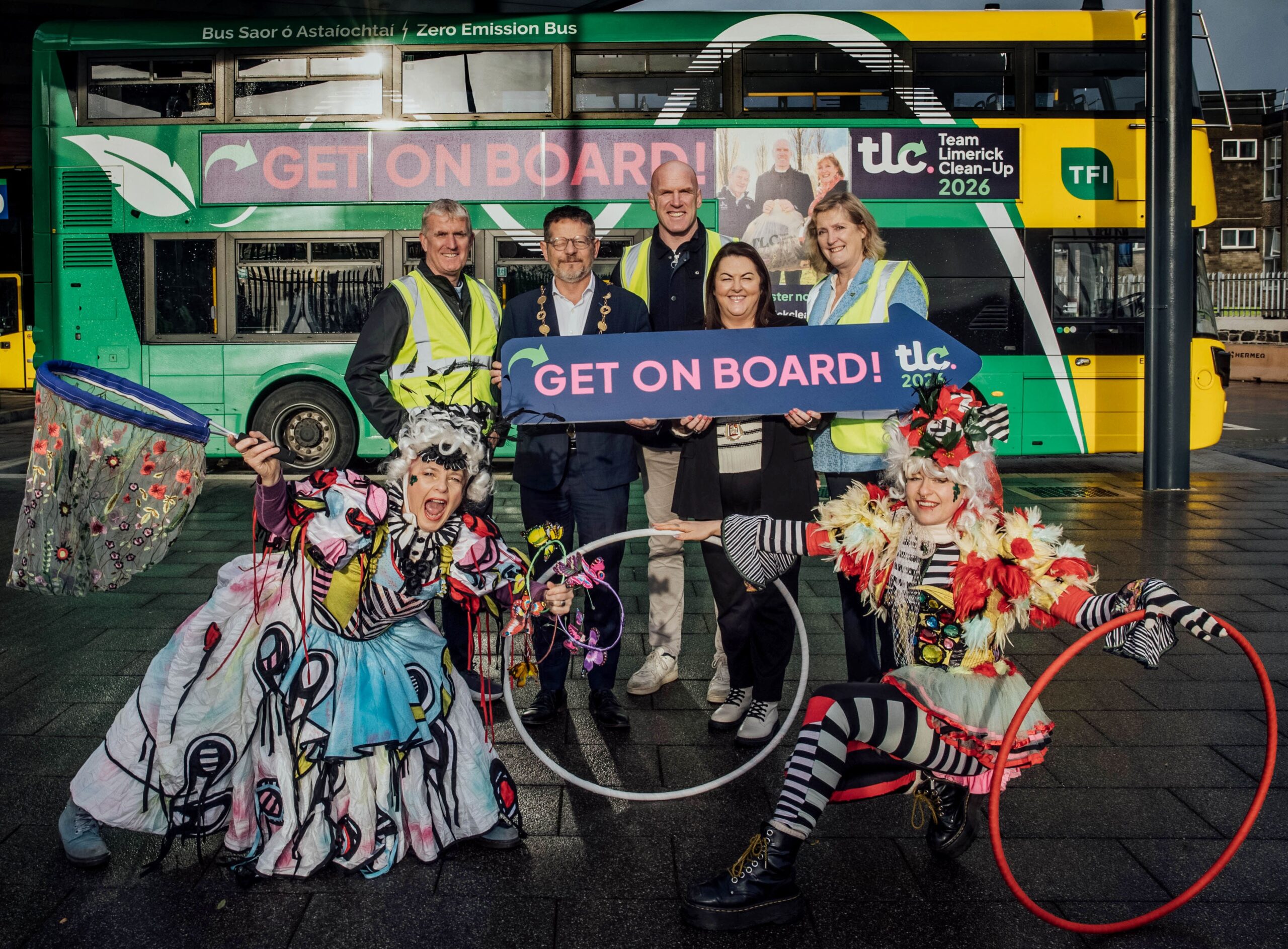 Team Limerick Clean-Up TLC co-founders Paul O’Connell and Helen O’Donnell were joined by John Kiely, Mayor of Limerick John Moran, Príomh Chomhairleoir Cllr Catherine Slattery and performers from Fidget Feet to launch Team Limerick Clean-Up 2026 at Colbert Station on Monday. Photo: Brian Arthur