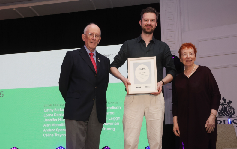 Hugo Byrne with his RDS Emerging Maker Craft Award at the 2025 RDS Art Awards. Photo: Leon Farrell / Photocall Ireland