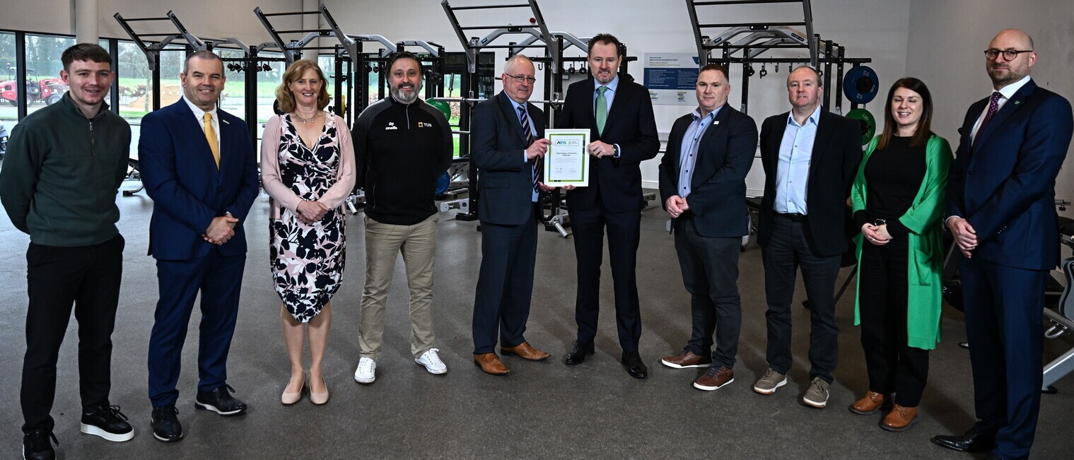At the awarding of the Accreditation for Student Athlete Support (ASAS) Affiliate status at the Sport Ireland campus in Dublin were: Adam Lennon, TUS; Liam Harbison, Sport Ireland Institute Director; Una May, CEO of Sport Ireland; Wayne Fanning, TUS; Jimmy Browne, Chief Operations Officer of TUS; Charlie McConalogue, Minister of State at the Department of Culture, Communications and Sport; Adrian Flaherty, TUS; Gordon Brett; TUS; Emma Saunders, chair of the ASAS Steering Committee, and Ciarán Ó hIarnán, CEO of Student Sports Ireland.
