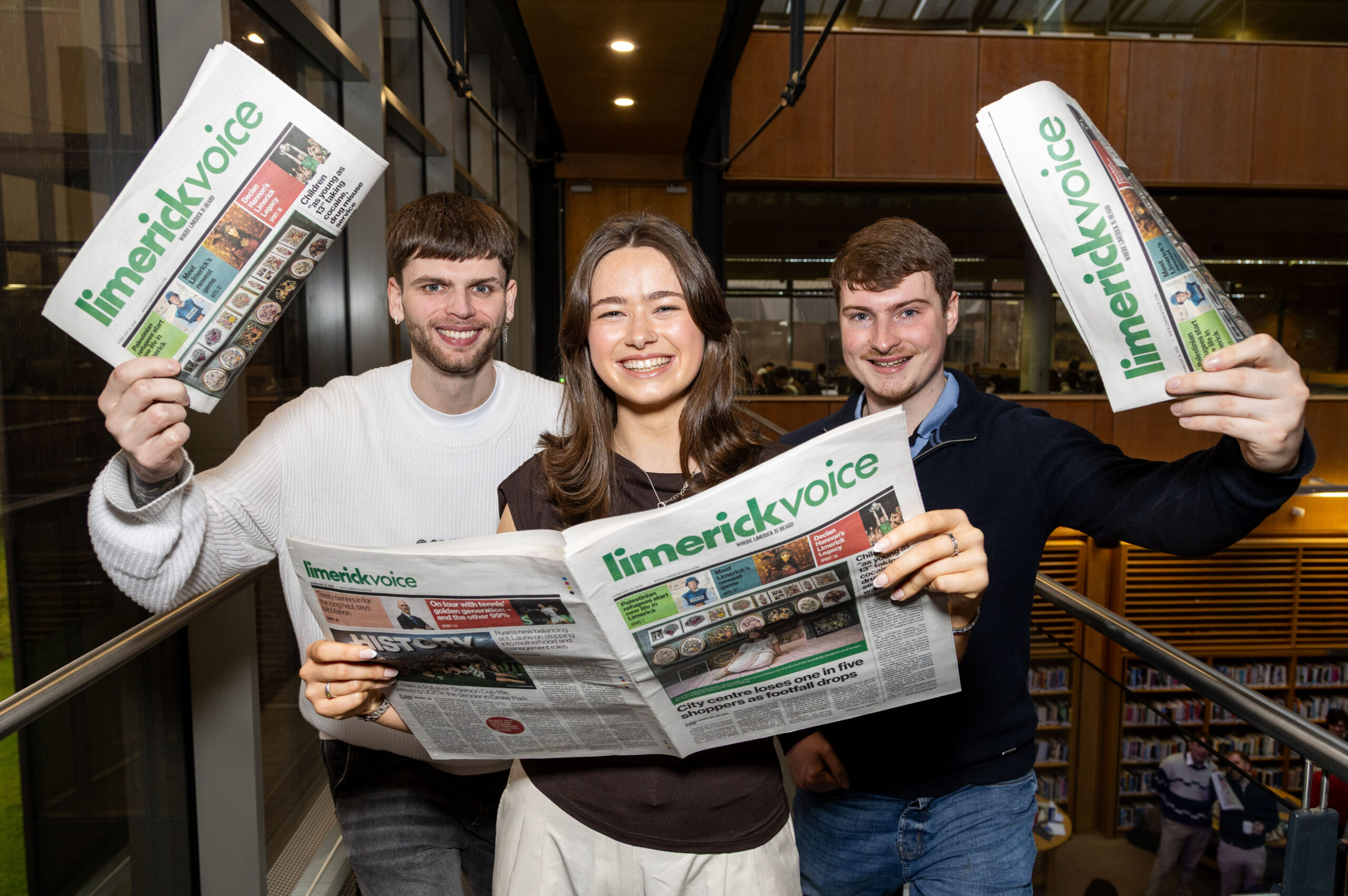 Limerick city centre has lost nearly one in five shoppers in just four years, according to a front-page investigation published today in the 19th edition of Limerick Voice. The award-winning newspaper, produced by final-year journalism students at University of Limerick, is available from today and features 56 stories across news, sport and features. Pictured at the launch of the 19th edition of Limerick Voice, produced by final-year journalism students at University of Limerick were, Philip Mullane - Arts and culture editor: Limerick City, Kate Kennedy - Podcast Editor: Glenville, Cork and Conor OÕMahony - Deputy Editor: Waterford City. Picture: Alan Place
