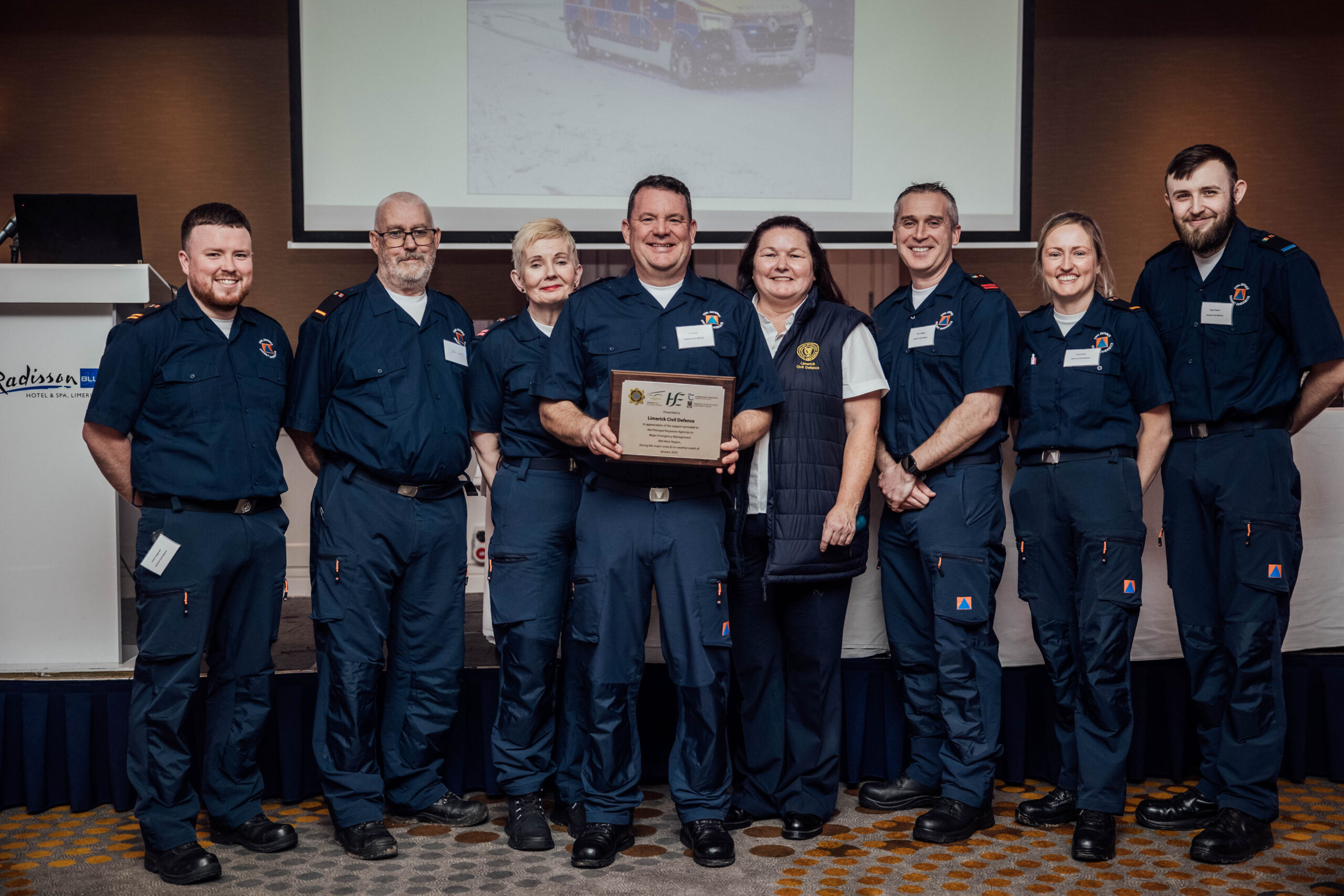 Pictured at the Radisson Blu Hotel receiving a plaque in recognition of their contribution to maintaining HSE Mid West services during the severe weather events of January 2025 were members of Limerick Civil Defence