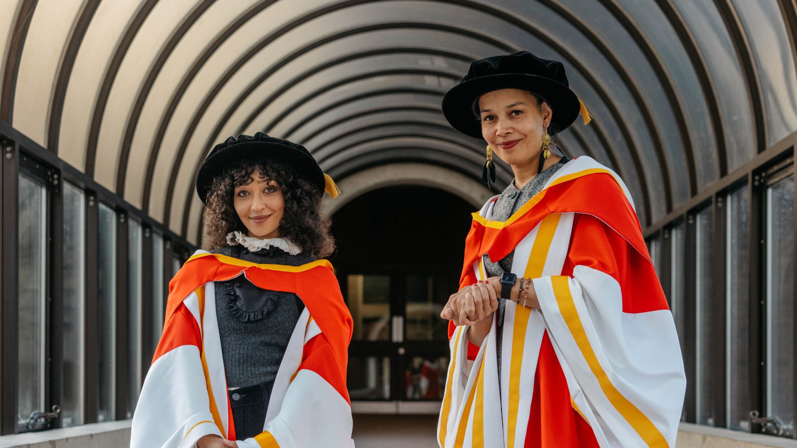 16/02/26 REPRO FREE One of Ireland’s most acclaimed actresses and a two-time Grammy Award winning artist have been awarded honorary doctorates by University of Limerick. Pictured from left are Ruth Negga and Rhiannon Giddens who were conferred with the institution’s highest award at a ceremony today, Monday, in UL’s Irish World Academy of Music and Dance. They were conferred with the honorary degree of Doctor of Letters by UL’s Chancellor Professor Brigid Laffan at an event attended by their family, friends and invited guests. In his conferring address, Acting UL President Professor Shane Kilcommins hailed “two extraordinary artists whose contributions to music, film, theatre, and culture have resonated across Ireland and the world. Pic Sean Curtin True Media.