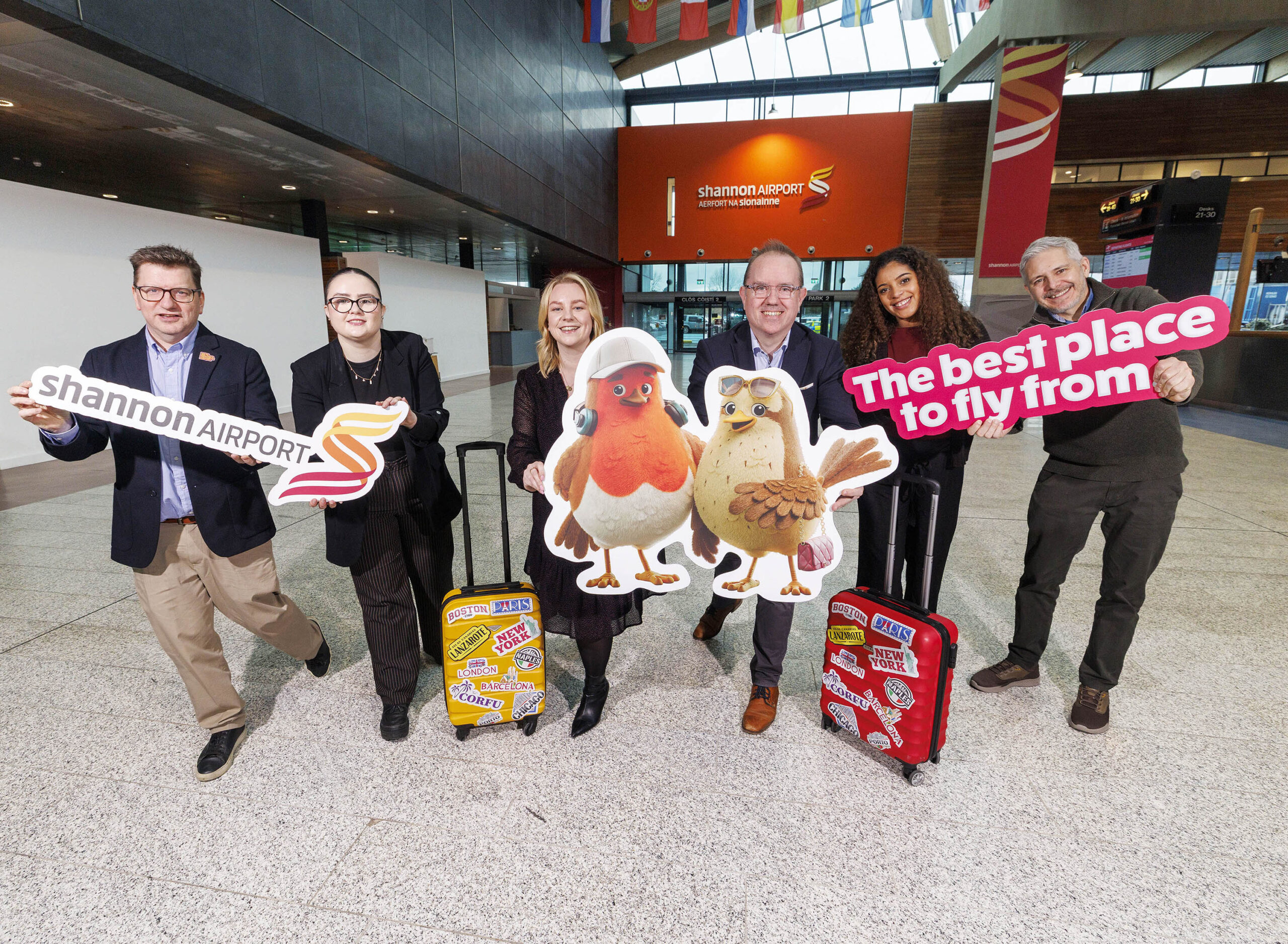 Shannon Airport today unveiled its new brand campaign, “The Best Place to Fly From” - a fun, semi-animated celebration of the airport’s famously friendly and hassle-free experience. Fronted by two feathered “frequent fliers”, the campaign builds on Shannon Airport’s established reputation as Ireland’s Favourite Airport, earned through its award-winning customer experience and status as Ireland’s top airport brand for a third consecutive year (RED C BRII 2025). Pictured is Trevor Curran, Marketing Manager Shannon Airport, Ciara Smith, Marketing Asst The Shannon Airport Group, Emily Browne, Brand Manager Shannon Airport, Tim Ryan, Group Head of Brand and Marketing at The Shannon Airport Group, Katie Black, Asst Brand Manager The Shannon Airport Group and Stephen O'Malley, Graphic designer The Shannon Airport Group . Pic Arthur Ellis