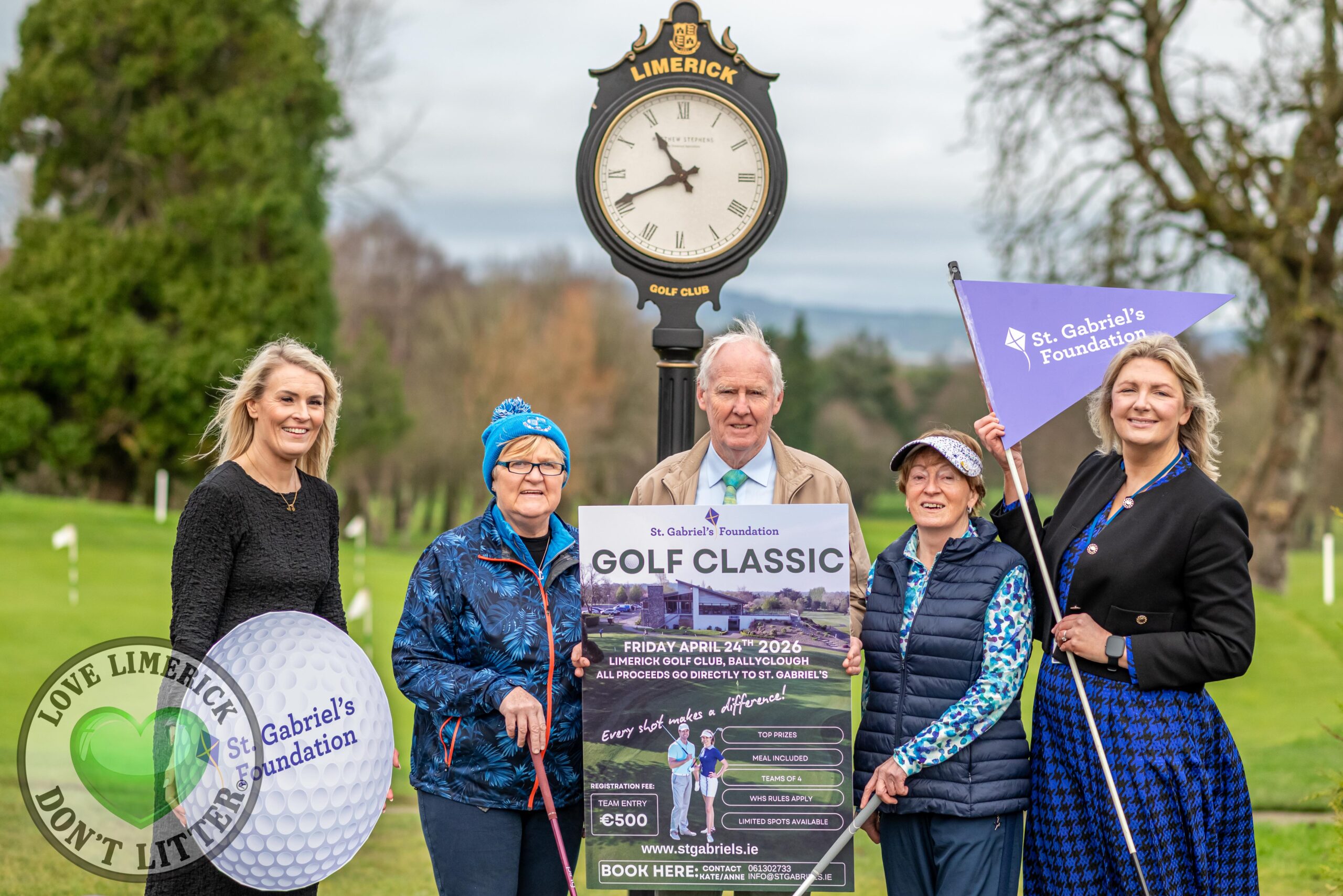St. Gabriel’s Foundation is calling on businesses, corporate teams, and golfers across the MidWest to support its Annual Golf Classic, taking place on Friday, 24th April at Limerick Golf Club. Pictured are Aideen Shinners, Director of Services, St Gabriels Foundation, Cliodhna Mulcahy, Golf Committee member, Terry McInerney, Chairperson Golf Committee, Limerick Golf Club, Claire McGuigan, Golf Committee member and Kate Finucane, Fundraising & Marketing at St. Gabriel's Foundation. Picture: Olena Oleksienko/ilovelimerick