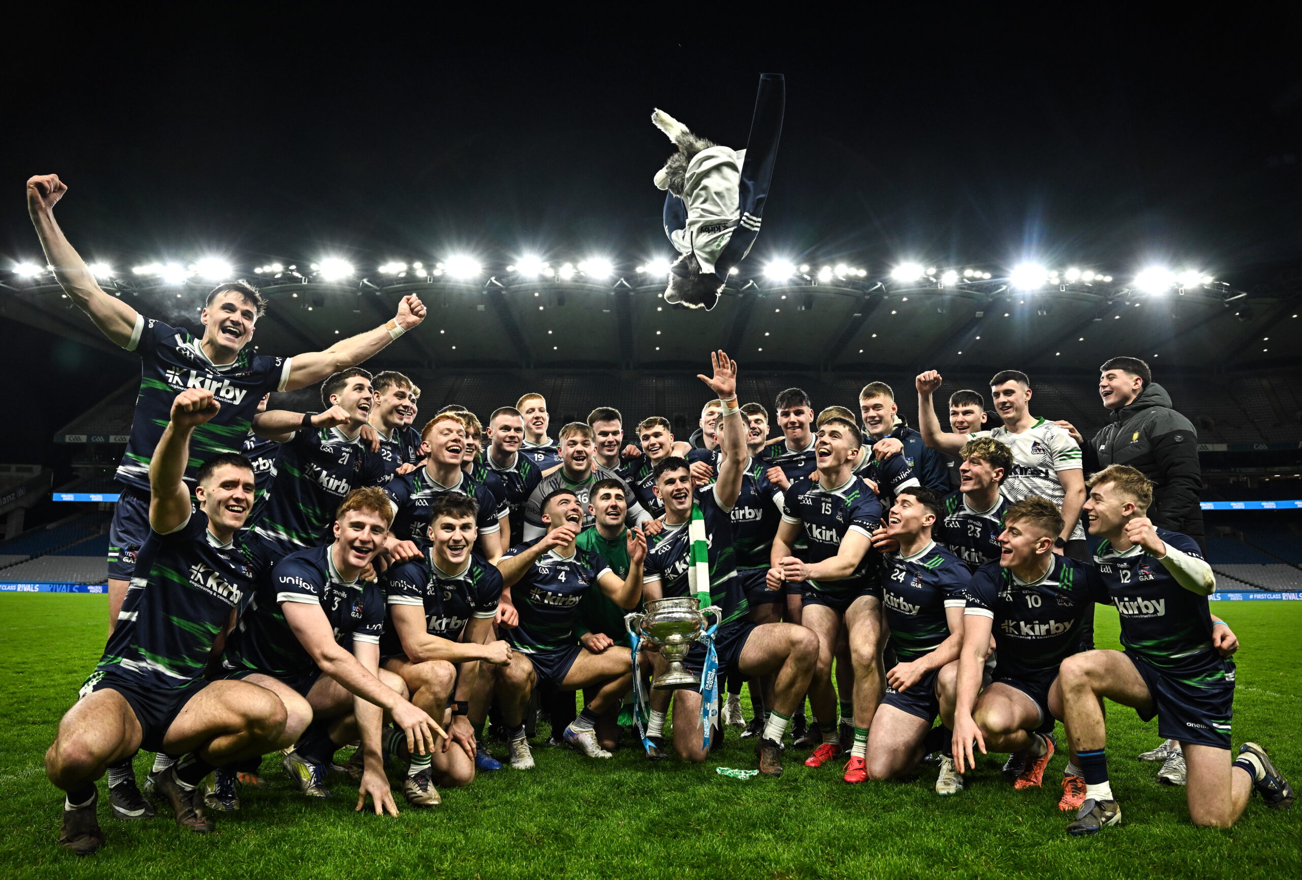 13 February 2026; UL players celebrate with the Fitzgibbon Cup following victory in the Electric Ireland Higher Education GAA Fitzgibbon Cup final match between Mary Immaculate College Limerick and University of Limerick at Croke Park in Dublin. Photo by Sam Barnes/Sportsfile