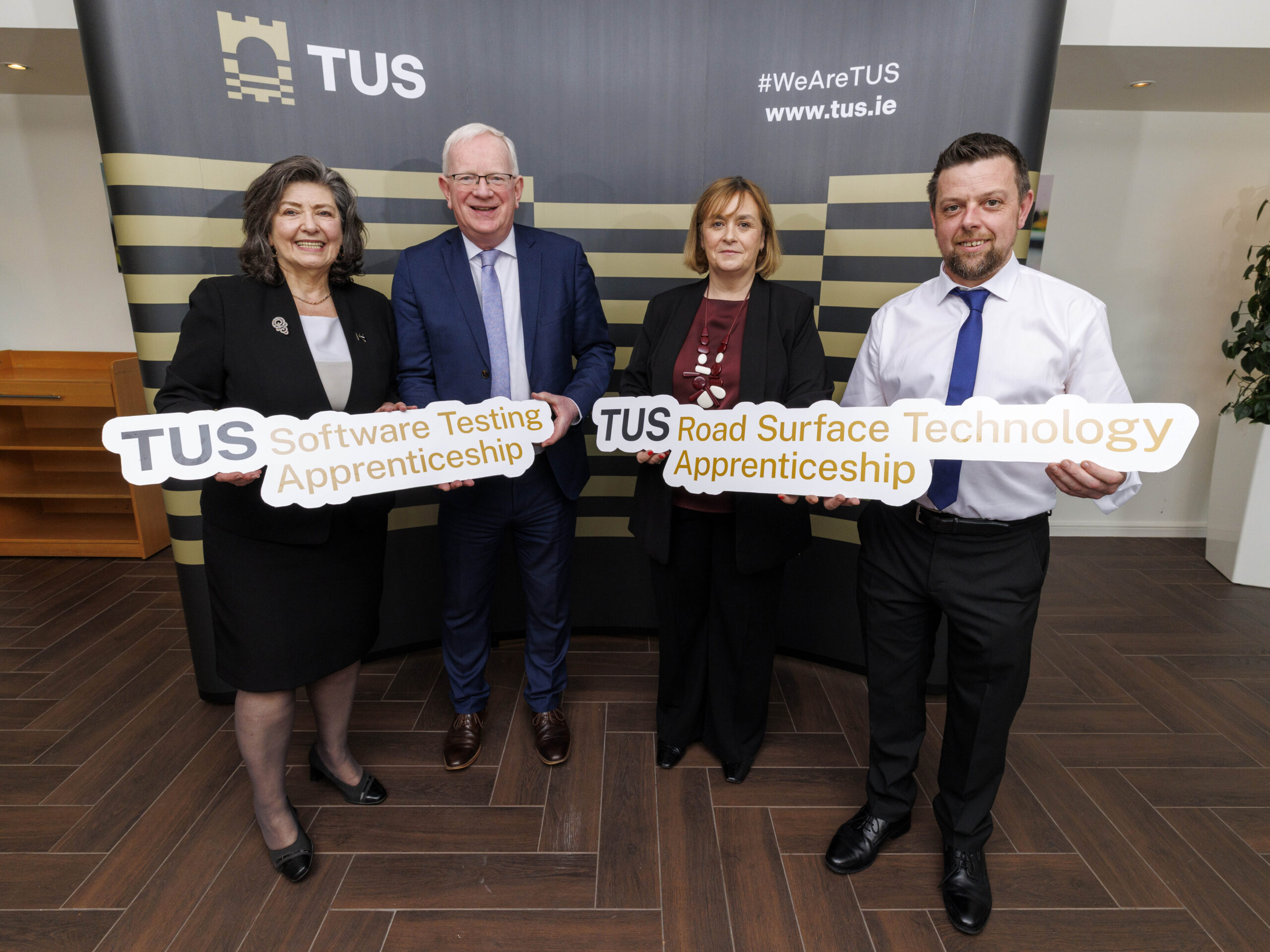 Celebrating the launch of two new apprenticeship programmes at Technological University of the Shannon at the Taste Restaurant on the Moylish Campus is: L-R Chair of TUS Josephine Feehily, President of TUS, Professor Vincent Cunnane, Head of Skills and Engagement at the Higher Education Authority, Vivienne Patterson, and Senior Lecturer and Engineering Apprenticeship Coordinator, James McPhillips