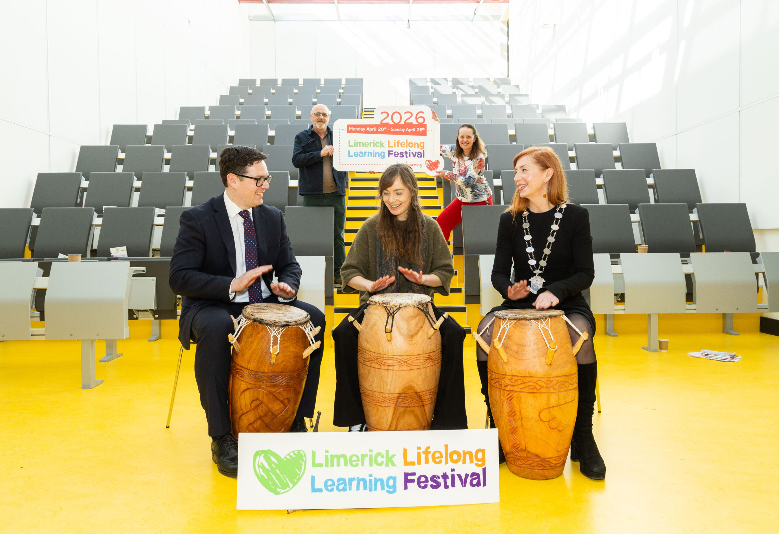 The Limerick Lifelong Learning Festival returns this April with its most comprehensive line-up of events to date. Taking place from Monday 20th to Sunday 26th April, this year’s festival theme is “Discover Lifelong Learning 2026”. Now in its 16th year, the Festival features over 130 free events and activities to choose from throughout the week both online and in-person. Pictured during the launch taking part in Borborbor, a traditional drum-dance originating from the Ewe people from Ghana led by Marie Edmonds from the Music Department Mary Immaculate College were, Michael MacCurtain, Limerick Chamber Skillnet and Chair of Learning Limerick Steering Group, Marie Edmonds, MIC and Cllr. Maria Donoghue with David Doherty, a Social Care student at TUS and a Learning Limerick Ambassador and Yvonne Lane, Lifelong Learning Facilitator in the background.Picture: Alan Place