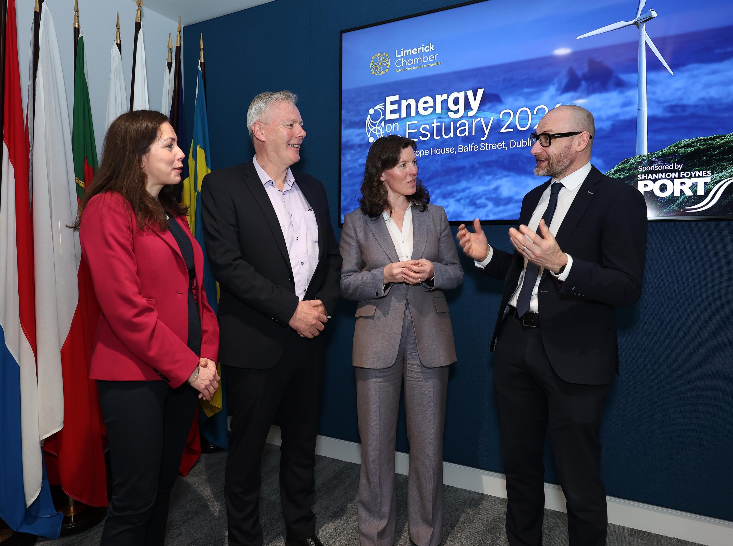 Maria Gleeson, President, Limerick Chamber (left) with Pat Keating, CEO, Shannon Foynes Port Company, Fionnuala Croker, head of office (acting), European Parliament Liaison Office and Donnacha Hurley, CEO, Limerick Chamber, pictured at Energy on the Estuary 2026