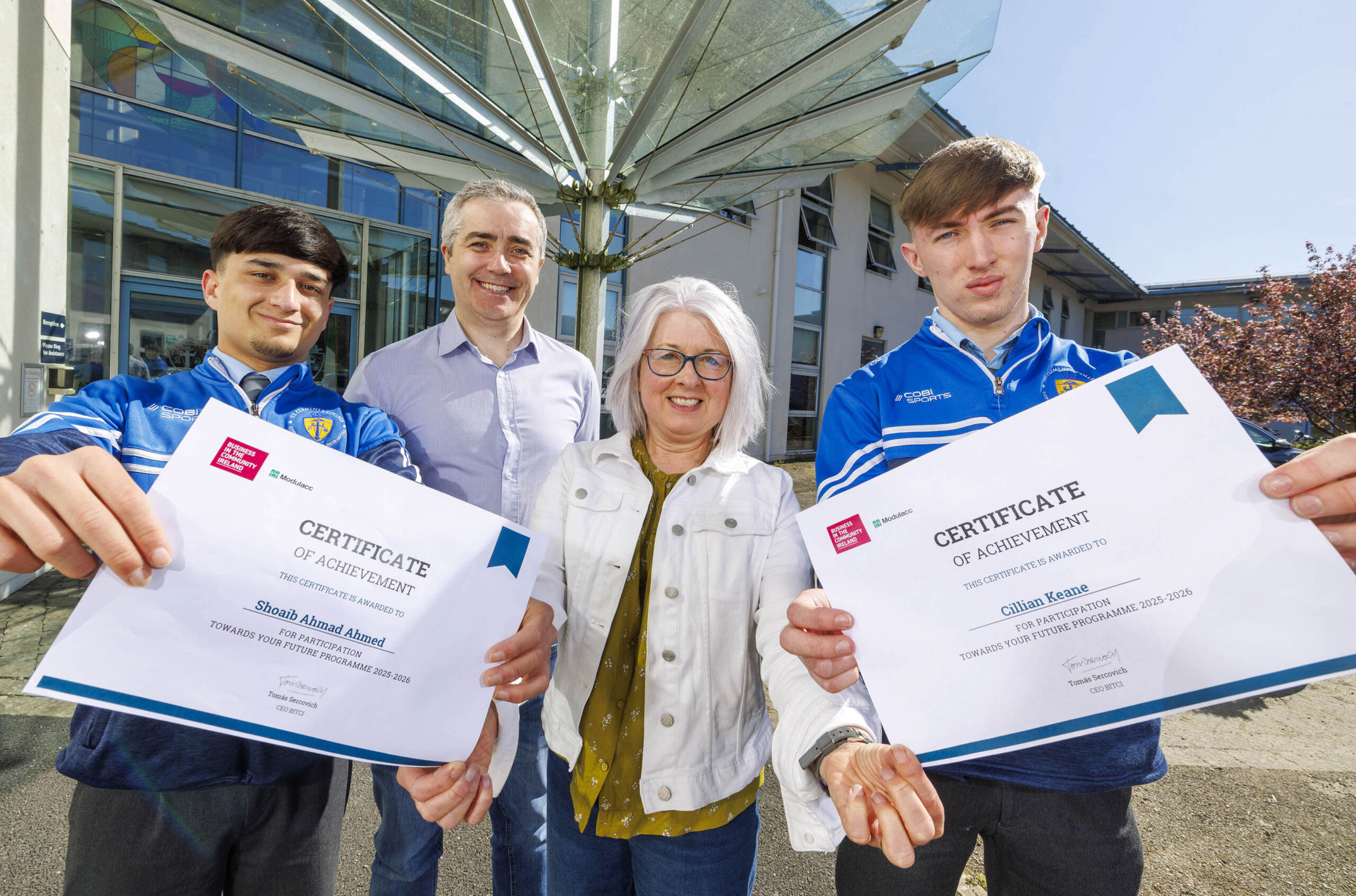 St. Clement’s Students Get ‘Work Ready’ in Programme with Modulacc Fifth-year students from St. Clement’s College have been stepping into the world of work through a hands-on workplace readiness programme delivered by local modular building manufacturer, Modulacc. The ‘Towards Your Future’ programme, designed by sustainability and social inclusion advisers, Business In The Community Ireland, aims to support senior cycle students in DEIS schools by strengthening workplace readiness and essential soft skills. Over several weeks, the team at Modulacc worked closely with the students, guiding them through career exploration sessions and professional development workshops held at the school and at one of their two city centre, manufacturing facilities. L-R 5th year student Shaoib Ahmad Ahmed, Limerick City, Colin McNamara, MD Modulacc, Maura Murphy, Regional Coordinator Business in the Community Ireland and 5th year student Cillian Keane, Garryowen .Pic Arthur Ellis