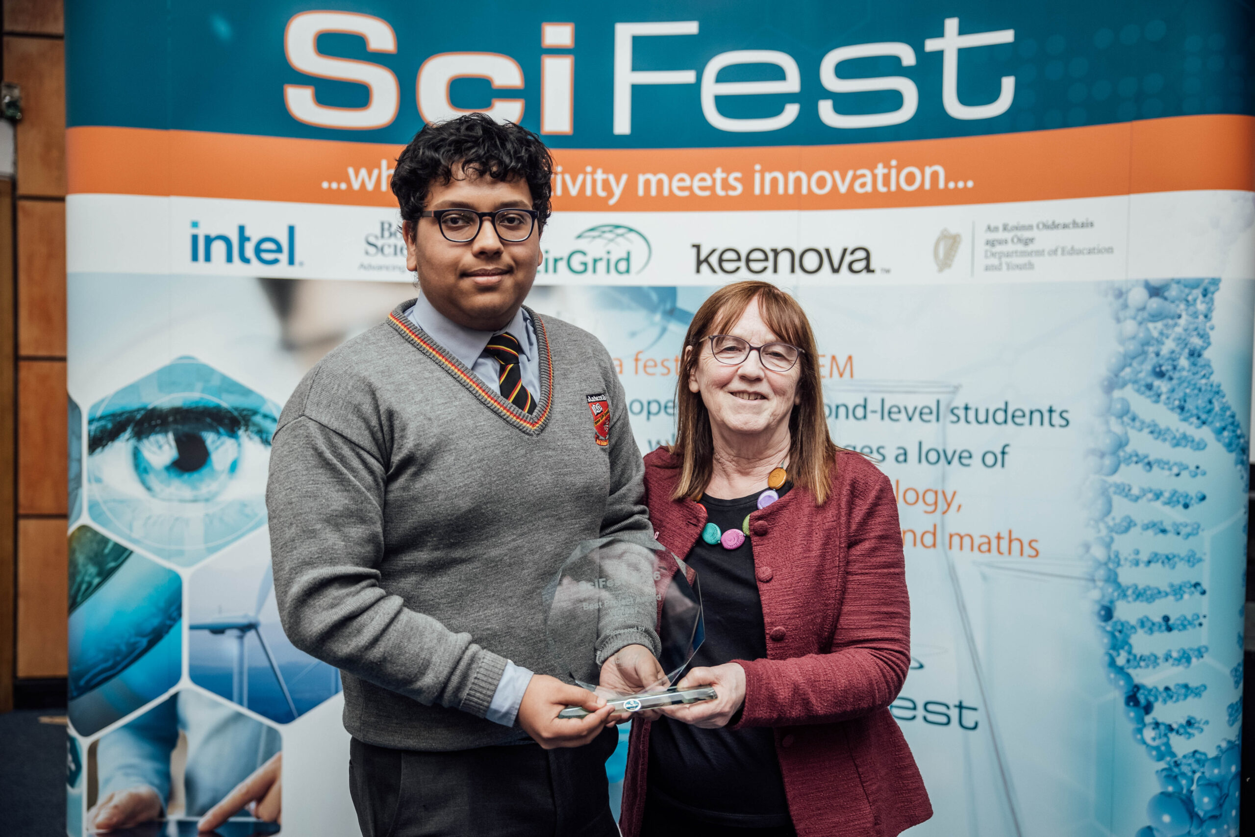 The top honour — the SciFest Best Project Award — was awarded to Soumyadeep Saha from Ardscoil Rís, Co. Limerick, for his project, Optima – An Investigation in the Effect of Intelligent and Dynamic Text Presentation on Reading Efficiency. Pictured here with Sheila Porter of Scifest. Pic: Brian Arthur