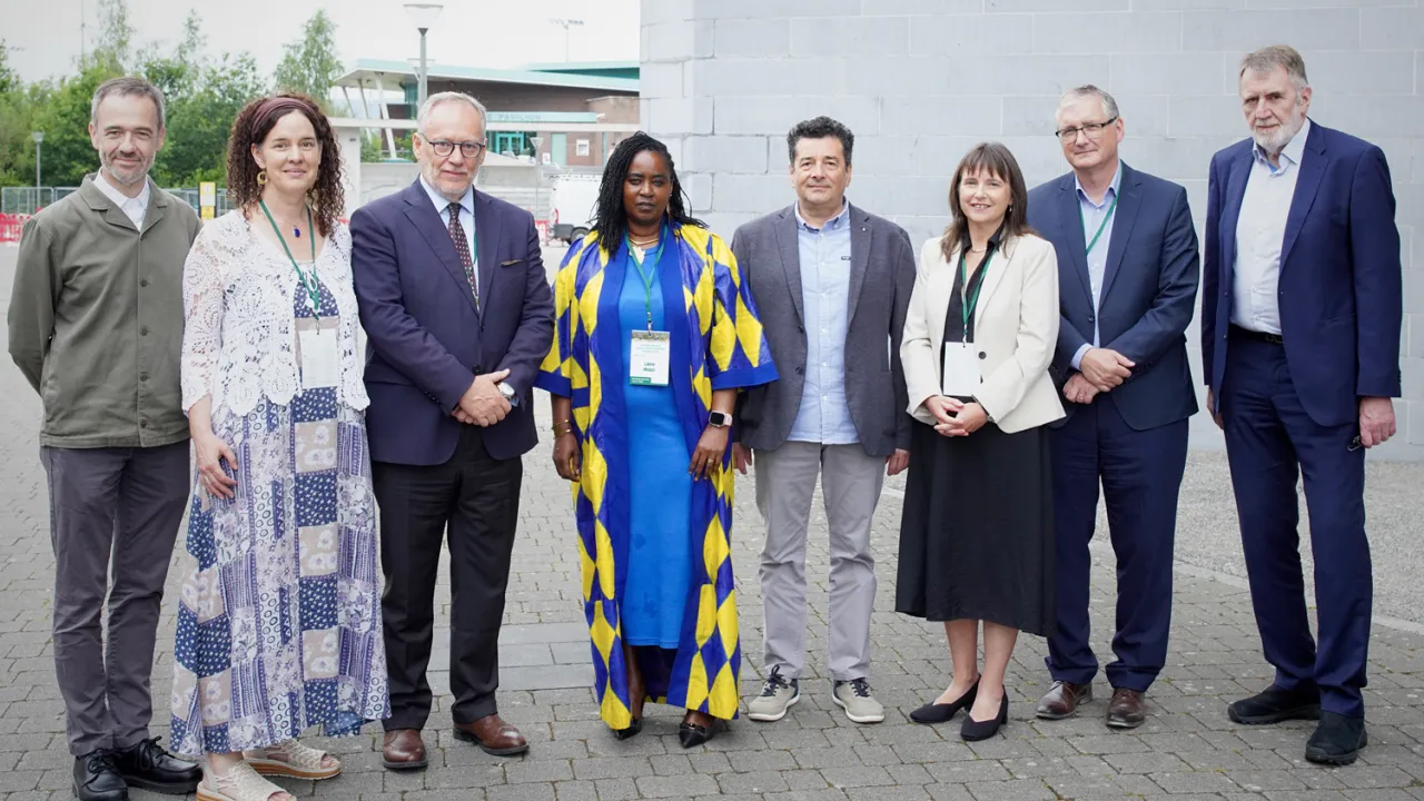 Deputy Chief Medical Officer Professor Philip Dodd; Professor Helen Phelan, Director of UL's Irish World Academy of Music and Dance; Dr Santino Severoni, World Health Organisation; Dr Salome Mbugua, Akina Dada wa Africa; Ovidiu Matiut, Refugee Migrant Health Partnership Programme Board; Professor Anne MacFarlane, Director of UL’s World Health Organisation Collaborating Centre; UL President Professor Shane Kilcommins; and Jim Walsh, Department of Health. ul international event