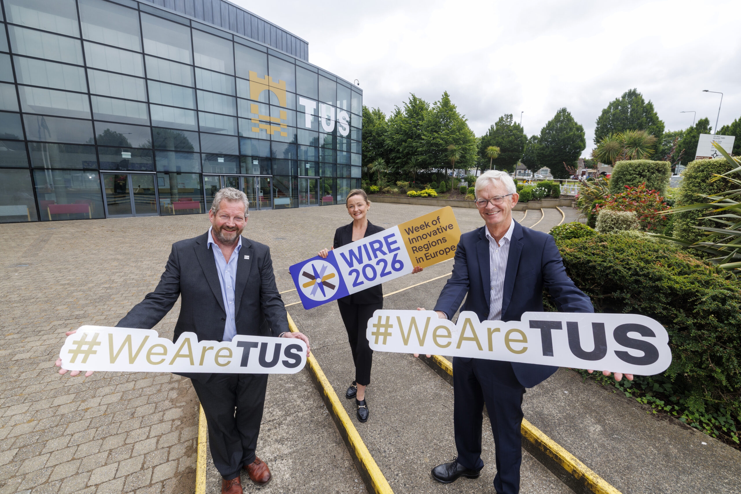 Pictured outside TUS Millennium Theatre on its Moylish Campus to offically launch the Week of Innovative Regions in Europe (WIRE) 2026 conference is L-R Dr Liam Brown, Vice President of RDI at TUS, Aisling Higgins, WIRE Project Manager and Joe Healy, Head of Research and Innovation at Enterprise Ireland.