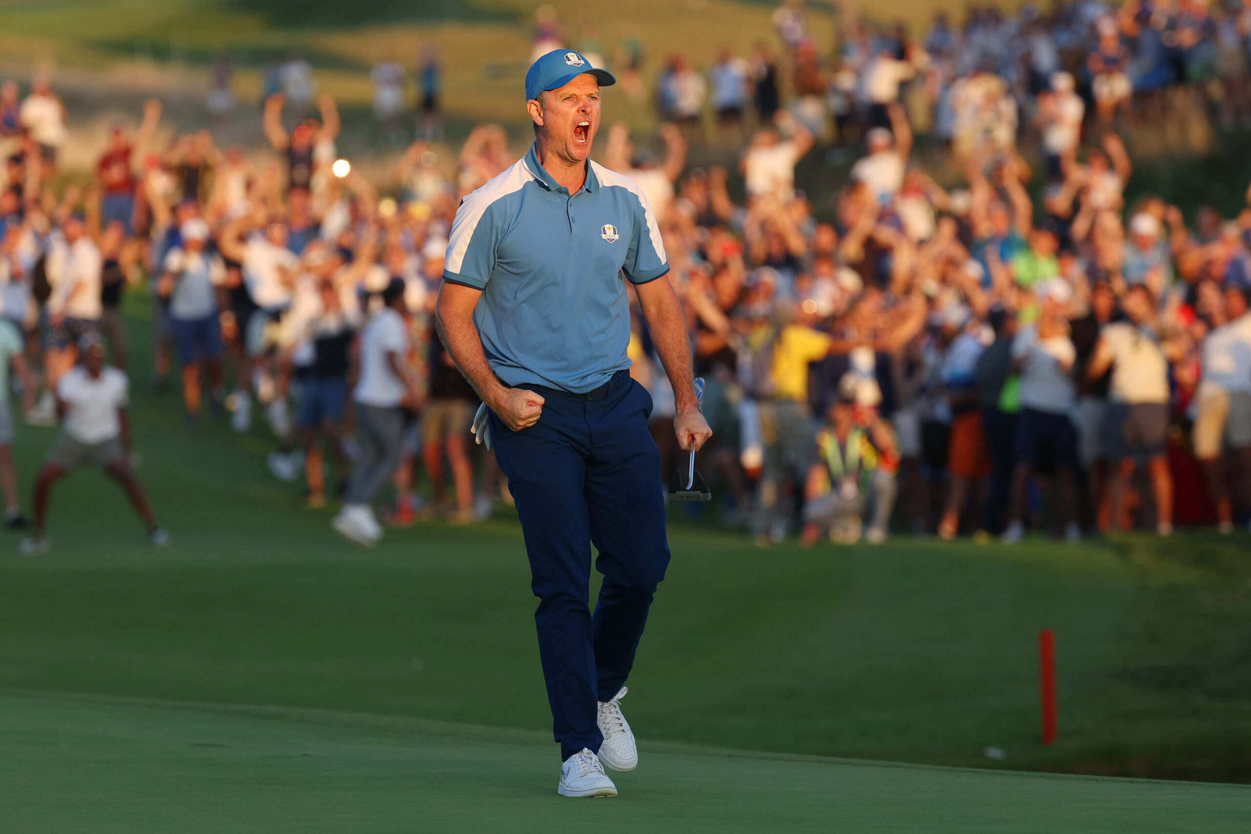 Justin Rose of Team Europe celebrates on the 18th green during the Friday afternoon fourball matches of the 2023 Ryder Cup at Marco Simone Golf Club on September 29, 2023 in Rome, Italy. (Photo by Patrick Smith/Getty Images) ryder cup tickets