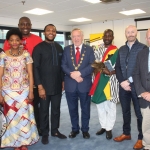 John Loftus, Limerick City and County Council, Sylvanie Nono, Jules Djiopang, Africa Day Organiser, David Idioh, Musician, Limerick City and County Mayor Stephen Keary, John Nutekpor, Seamus Brown, Limerick City and County Council and Kieran O'Hanlon from Limerick City and County Council, at the 13th Annual Africa Day Launch at Limerick City and County Council, Monday, May 21, 2018. Picture: Sophie Goodwin/ilovelimerick.