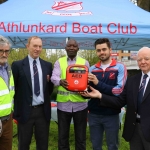 Pictured at the Athlunkard boat club for the presentation of the new donated defibrulator from South Limerick City Residents Association are Gerry O'Connell, Mike Kiely, Secretary for Athlunkard boat club, Mahmood Kodok, South City Residents Association, Ewan Gallaher, captain, and Dom Kiely, Trustee. Picture: Conor Owens/ilovelimerick.