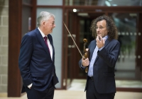 27/01/2016The University of Limerick names Clare fiddler Martin Hayes as its inaugural Irish World Academy Artist.Pictured at the announcement are Professor Don Barry, University of Limerick President, left, and Irish World Academy Artist Martin Hayes.The University of Limerick has announced a new three-year arts patronage award through the Irish World Academy of Music and Dance. The award, entitled Irish World Academy Artist, University of Limerick will facilitate the creative process of selected artists across a three-year period through a budget of €60,000.The first artist to receive the award is Clare fiddler Martin Hayes who commences his three-year association with the Irish World Academy, University of Limerick in January 2016. Martin Hayes has been internationally acclaimed for bringing his local East Clare traditional fiddle style to a global audience through his many performances and recording. More recently he has formed the ensemble The Gloaming which has further pushed the boundaries of Irish traditional music in the field of ensemble playing that started with Sean Ó Riada’s (1930 – 1971) pioneering ensemble Ceóltóirí Chualainn in the 1960s. Hayes also acknowledges the significant influence of Dublin fiddler Tommie Potts (1912 – 1987) on his creative output.The Irish World Academy Artist at the University of Limerick will undertake a series of creative projects across the three-year span. Students of the Academy will have access to open workshops in the state-of-the-art Irish World Academy building on the banks of the river Shannon on the University Campus.(Speaking at the launch of the award) Professor Don Barry, President of the University said: “It is fitting that an artist of the stature of Martin Hayes should be the inaugural Irish World Academy Artist, given Martin’s unique contribution to our cultural life and the Irish World Academy’s vision for Ireland’s past, present and future.”On his appointment, Martin Hayes said: "I'm deeply honoured to be named the first Irish World Academy Artist at the University of Limerick and grateful for the opportunity this three year initiative affords me to explore the possibility of further musical collaboration in such a creative environment.” Professor Mícheál Ó Súílleabháin, Chair of Music and Founder Director of the Irish World Academy said: "The Irish World Academy Artist initiative is further evidence of the commitment of the University of Limerick to the Performing Arts at the highest level. That the first award goes to a local artist with a global reputation builds on the Irish World Academy record of linking the local with the global towards the mutual benefit of both.”Picture credit: Diarmuid Greene/Fusionshooters