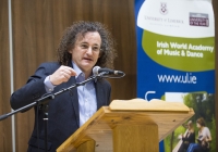 27/01/2016The University of Limerick names Clare fiddler Martin Hayes as its inaugural Irish World Academy Artist.Speaking at the announcement is Irish World Academy Artist Martin Hayes.The University of Limerick has announced a new three-year arts patronage award through the Irish World Academy of Music and Dance. The award, entitled Irish World Academy Artist, University of Limerick will facilitate the creative process of selected artists across a three-year period through a budget of €60,000.The first artist to receive the award is Clare fiddler Martin Hayes who commences his three-year association with the Irish World Academy, University of Limerick in January 2016. Martin Hayes has been internationally acclaimed for bringing his local East Clare traditional fiddle style to a global audience through his many performances and recording. More recently he has formed the ensemble The Gloaming which has further pushed the boundaries of Irish traditional music in the field of ensemble playing that started with Sean Ó Riada’s (1930 – 1971) pioneering ensemble Ceóltóirí Chualainn in the 1960s. Hayes also acknowledges the significant influence of Dublin fiddler Tommie Potts (1912 – 1987) on his creative output.The Irish World Academy Artist at the University of Limerick will undertake a series of creative projects across the three-year span. Students of the Academy will have access to open workshops in the state-of-the-art Irish World Academy building on the banks of the river Shannon on the University Campus.(Speaking at the launch of the award) Professor Don Barry, President of the University said: “It is fitting that an artist of the stature of Martin Hayes should be the inaugural Irish World Academy Artist, given Martin’s unique contribution to our cultural life and the Irish World Academy’s vision for Ireland’s past, present and future.”On his appointment, Martin Hayes said: "I'm deeply honoured to be named the first Irish World Academy Artist at the University of Limerick and grateful for the opportunity this three year initiative affords me to explore the possibility of further musical collaboration in such a creative environment.” Professor Mícheál Ó Súílleabháin, Chair of Music and Founder Director of the Irish World Academy said: "The Irish World Academy Artist initiative is further evidence of the commitment of the University of Limerick to the Performing Arts at the highest level. That the first award goes to a local artist with a global reputation builds on the Irish World Academy record of linking the local with the global towards the mutual benefit of both.”Picture credit: Diarmuid Greene/Fusionshooters