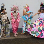 Feruza Rameto (Roming in deNile), Nancy Ekhatu (Wipe Out), Amanda Makulena (Swimming in Plastic) and Erin Berming (Radiant Wonder) pictured with their Junk Kouture designs at Coláiste Nano Nagle. Picture: Orla Mclaughlin/ilovelimerick.