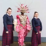 Leah Eos Grace, Nancy Ekhatu and Nikoletta Kozma with their Junk Kouture design 'Wipe Out' at Coláiste Nano Nagle. Picture: Orla McLaughlin/ilovelimerick.