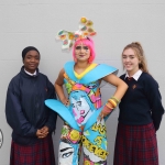 Buki Adeojom Ehim, Amanda Makulena and Caitlin O'Dwyer with their Junk Kouture design 'Swimming in Plastic' at Coláiste Nano Nagle.. Picture: Orla McLaughlin/ilovelimerick.