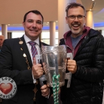 The inaugural ‘Great Dalata Cycle 2018’ in aid of CMRF Crumlin saw a number of Dalata Hotel Group employees cycle over 1,100km throughout the island of Ireland, is part of Dalata’s wider charity initiative Dalata Digs Deep. The cyclists arrived at the Maldron Hotel where the McCarthy Cup was was waiting to greet them. Pictured are James Collins, Mayor of the City and County of Limerick with Richard Lynch of ilovelimerick. Picture: Aisling O'Connor/ilovelimerick.