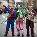 19/3/17 REPRO FREE Craig Russell, Peter Lancaster and Dan Kahn from the Pyjama Band from Shipley, in Yorkshire, England at the 7th Limerick International Band Championship, Limerick. Illinois State University have been named as the overall winners of the 47th Limerick International Band Championship. Around 1,000 musicians performed in the event saw 17 bands from the United States, Germany, England, Northern Ireland, Tipperary, Dublin, Donegal and Westmeath as well as Limerick marching down O’Connell Street in Limerick as part of the Limerick St Patrick’s Festival 2017. Tens of thousands of spectators braved the weather and lined the route, cheering on the competitors in what is Ireland’s only marching band competition. Illinois State University were presented with the Kenneally Jewellers Perpetual Trophy as overall winners of the championship organised by Grooveyard on behalf of Limerick City and County Council. Picture Sean Curtin True Media.