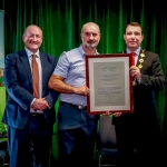 12-12-18 Dr Pat Daly, Director and Deputy Chief Executive Limerick City and County with Mayor of Limerick City and County Council James Collins present to Paddy Donovan, Hospital Handball Club at a Civic Reception in recognition of the International Sporting Achievements of Persons from Limerick in 2018in Istabraq Hall, Limerick City and County Council, Corporate Headquarters, Merchant’s Quay, Limerick. Picture: Keith Wiseman