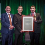 12-12-18 Dr Pat Daly, Director and Deputy Chief Executive Limerick City and County with Mayor of Limerick City and County Council James Collins present to Trevor Lynch, achievements at th British Transplant Games at a Civic Reception in recognition of the International Sporting Achievements of Persons from Limerick in 2018
in Istabraq Hall, Limerick City and County Council, Corporate Headquarters, Merchant’s Quay, Limerick. Picture: Keith Wiseman