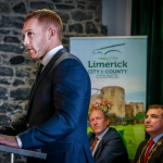 12-12-18 Mayor of Limerick City and County Council James Collins hosted a Civic Reception in recognition of the International Sporting Achievements of Persons from Limerick in 2018 in Istabraq Hall, Limerick City and County Council, Corporate Headquarters, Merchant’s Quay, Limerick. 
Keith Earls speaking from the stage after receiving his Civic Parchment for Grand Slam and 6 Nations Ireland Rugby victory.
Picture: Keith Wiseman