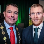 12-12-18 Mayor of Limerick City and County Council James Collins with Munster and Ireland Rugby player Keith Earls at a Civic Reception in recognition of the International Sporting Achievements of Persons from Limerick in 2018
in Istabraq Hall, Limerick City and County Council, Corporate Headquarters, Merchant’s Quay, Limerick. 
Picture: Keith Wiseman