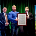 12-12-18 Dr Pat Daly, Director and Deputy Chief Executive Limerick City and County with Mayor of Limerick City and County Council James Collins present Patrick O’Dwyre Ireland’s Strongest Man 2016,2017 and 2018 and the UK’s Strongest man 2018. At a   Civic Reception held in recognition of the International Sporting Achievements of Persons from Limerick in 2018in Istabraq Hall, Limerick City and County Council, Corporate Headquarters, Merchant’s Quay, Limerick. Picture: Keith Wiseman