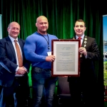 12-12-18 
Dr Pat Daly, Director and Deputy Chief Executive Limerick City and County with Mayor of Limerick City and County Council James Collins present Patrick O’Dwyre Ireland’s Strongest Man 2016,2017 and 2018 and the UK’s Strongest man 2018. At a   Civic Reception held in recognition of the International Sporting Achievements of Persons from Limerick in 2018
in Istabraq Hall, Limerick City and County Council, Corporate Headquarters, Merchant’s Quay, Limerick. Picture: Keith Wiseman