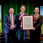 12-12-18 Dr Pat Daly, Director and Deputy Chief Executive Limerick City and County with Mayor of Limerick City and County Council James Collins present  to Aaron Tier for winning a bronze medal in the IFCPF Eueopean Championship at a Civic Reception in recognition of the International Sporting Achievements of Persons from Limerick in 2018in Istabraq Hall, Limerick City and County Council, Corporate Headquarters, Merchant’s Quay, Limerick. Picture: Keith Wiseman
