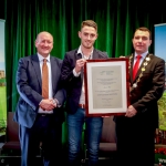 12-12-18 Dr Pat Daly, Director and Deputy Chief Executive Limerick City and County with Mayor of Limerick City and County Council James Collins present  to Aaron Tier for winning a bronze medal in the IFCPF Eueopean Championship at a Civic Reception in recognition of the International Sporting Achievements of Persons from Limerick in 2018
in Istabraq Hall, Limerick City and County Council, Corporate Headquarters, Merchant’s Quay, Limerick. Picture: Keith Wiseman