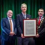 12-12-18 Dr Pat Daly, Director and Deputy Chief Executive Limerick City and County with Mayor of Limerick City and County Council James Collins present to Padraig Quish, Hospital Handball Club represented by his father. Pat Quish at a Civic Reception in recognition of the International Sporting Achievements of Persons from Limerick in 2018in Istabraq Hall, Limerick City and County Council, Corporate Headquarters, Merchant’s Quay, Limerick. Picture: Keith Wiseman