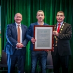 12-12-18 Dr Pat Daly, Director and Deputy Chief Executive Limerick City and County with Mayor of Limerick City and County Council James Collins present to Paul Hedderman, Hospital Handball Club at a Civic Reception in recognition of the International Sporting Achievements of Persons from Limerick in 2018in Istabraq Hall, Limerick City and County Council, Corporate Headquarters, Merchant’s Quay, Limerick. Picture: Keith Wiseman