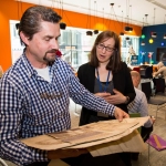 04.04.2017 REPRO FREE Digitisation and Archives professionals from the Gluksman Library University of Limerick presented a talk on Attics to Archives at the Bank of Ireland Workbench for the Limerick Lifelong Learning Festival. Pictured at the event were, Sinead Keogh, Glucksman Library and Randel Hodkinson who brought a collection of designs from J Hodkinson & Sons Ecclesiastical Decorators dating back as far as 1852. Picture: Alan Place