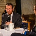 Simon Carswell speaking with Professor Eoin Reeves of the Kemmy Business School during the Q & A part of the lecture. Picture: Cian Reinhardt/ilovelimerick