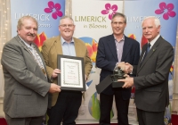 For the second year running, the West Limerick village of Athea has been named the overall winner of the Limerick in Bloom competition. 44 other groups throughout County Limerick were honoured for their participation in the annual competition, now in it's seventh year, at an awards ceremony held at the Woodlands House Hotel in Adare, Co. Limerick. Pictured are Slugaire representatives, from left to right, Noel O'Donnell, left, and Tony Cooney being presented with their 1st place award in the Housing Estates category by Cathaoirleach of Limerick City & County Council, Cllr. Kevin Sheahan, and Gerry Boland of the JP McManus Charitable Foundation. Picture credit: Diarmuid Greene/Fusionshooters