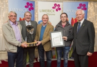 For the second year running, the West Limerick village of Athea has been named the overall winner of the Limerick in Bloom competition. 44 other groups throughout County Limerick were honoured for their participation in the annual competition, now in it's seventh year, at an awards ceremony held at the Woodlands House Hotel in Adare, Co. Limerick. Pictured are Athea representatives, from left to right, Henry Moran, Mike Aherne and Damien Aherne, being presented with their award by Cathaoirleach of Limerick City & County Council, Cllr. Kevin Sheahan, and Gerry Boland of the JP McManus Charitable Foundation. Picture credit: Diarmuid Greene/Fusionshooters