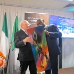 "Belonging to Limerick" launch Integration Plan for 2018 to 2022 takes place on September 28 at Thomond Park. Artist Jean Ryan Hakizimana presented an art work to Michael.D.Higgins, the President of Ireland. Picutre: Baoyan Zhang/ilovelimerick