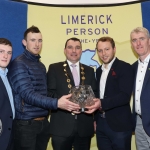 The All-Ireland Limerick Senior Hurling champions have been named Limerick Person of the Year 2018. John Kiely, Limerick Senior Hurling Manager, Cllr James Collins, Mayor for Limerick city and council and Senior hurlers Alan Feely, Richie English and Paul Browne pictured at the award ceremony for Limerick Person of the Year 2018 at the Clayton Hotel, Steamboat Quay, Limerick. Picture: Conor Owens/ilovelimerick.