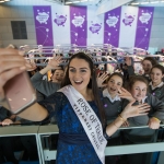 Rose of Tralee Jennifer Byrne takes a selfie with pupils from Saint Attractas, Mayo at this years RDS Primary Science Fair Limerick which will see over 3000 primary school students from all over the country exhibit their STEM investigations at Mary Immaculate College. Between the three venues of Limerick, Dublin and Belfast there will be over 7000 participants in 2018. Picture Sean Curtin True Media.