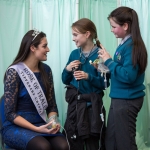 Rose of Tralee Jennifer Byrne (left) pictured with Lorraine Ni Raghnaill and Sarah Ni Bhroin from Gaelscoil an Eiscir Riada, An Tulach Mhor, County Offaly with their project "STEM- from Encyclopaedia to Wikipedia, what has changed in 100 years " at this years RDS Primary Science Fair Limerick which will see over 3000 primary school students from all over the country exhibit their STEM investigations at Mary Immaculate College. Between the three venues of Limerick, Dublin and Belfast there will be over 7000 participants in 2018. Picture Sean Curtin True Media.