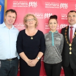 Janes Cleary, Event Director, Angela Moloney, Cook Medical Finance Director, Leanne Quinn, Westmeath Rose and Mayor James Collins at the launch of the Cook Medical Limerick Women's Mini-Marathon at the Strand Hotel, Monday, July 16, 2018. Picture: Zoe Conway/ilovelimerick.