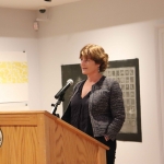 Jill Cousins, Director and Chief Executive of the Hunt Museum, speaking at the launch of Limerick Printmakers' new exhibition at the Hunt Museum on their 20th Anniversary. Picture: Conor Owens/ilovelimerick.