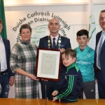 Alan McGrath, Terry Ring, founder, Daniel Butler, Mayor, Fionn O'Hehir, Jimmy Crowe and Brendan Ring, founder, at the Mayoral Reception hosted by Municipal Mayor Daniel Butler in Council Chamber, Merchant Quay, Limerick for Cliona's Foundation for their work in supporting families of children who are critically or terminally ill. Picture: Conor Owens/ilovelimerick.