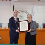 Pictured at the Mayoral Reception for Sr Helen Culhane, Emma Langford and Dr Jennifer McMahon in the Limerick City Chambers are Cllr Daniel Butler, Mayor of the Metropolitan District of Limerick, and Sr Helen Culhane, Children's Grief Centre. Picture: Conor Owens/ilovelimerick.