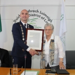 Phil McCarthy receiving her plaque from Limerick Metropolitan Mayor Daniel Butler at the Mayoral Reception that took place in the Limerick Council Chamber in honour of Phil McCarthy, Patrick Halpin and Patrick O'Brien, Thursday, July 26, 2018.